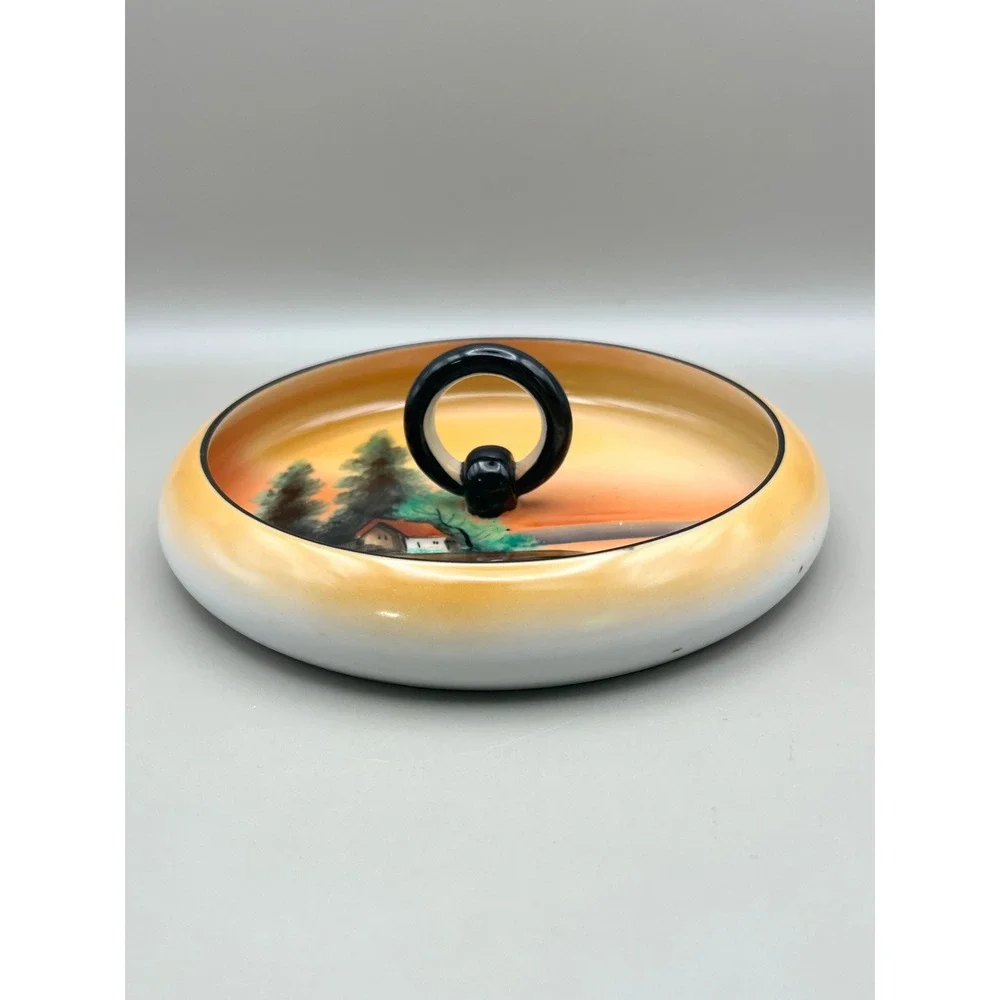 Antique 1904 Noritake Hand Painted Swan Landscape Tray Center Ring‎ Handle 6